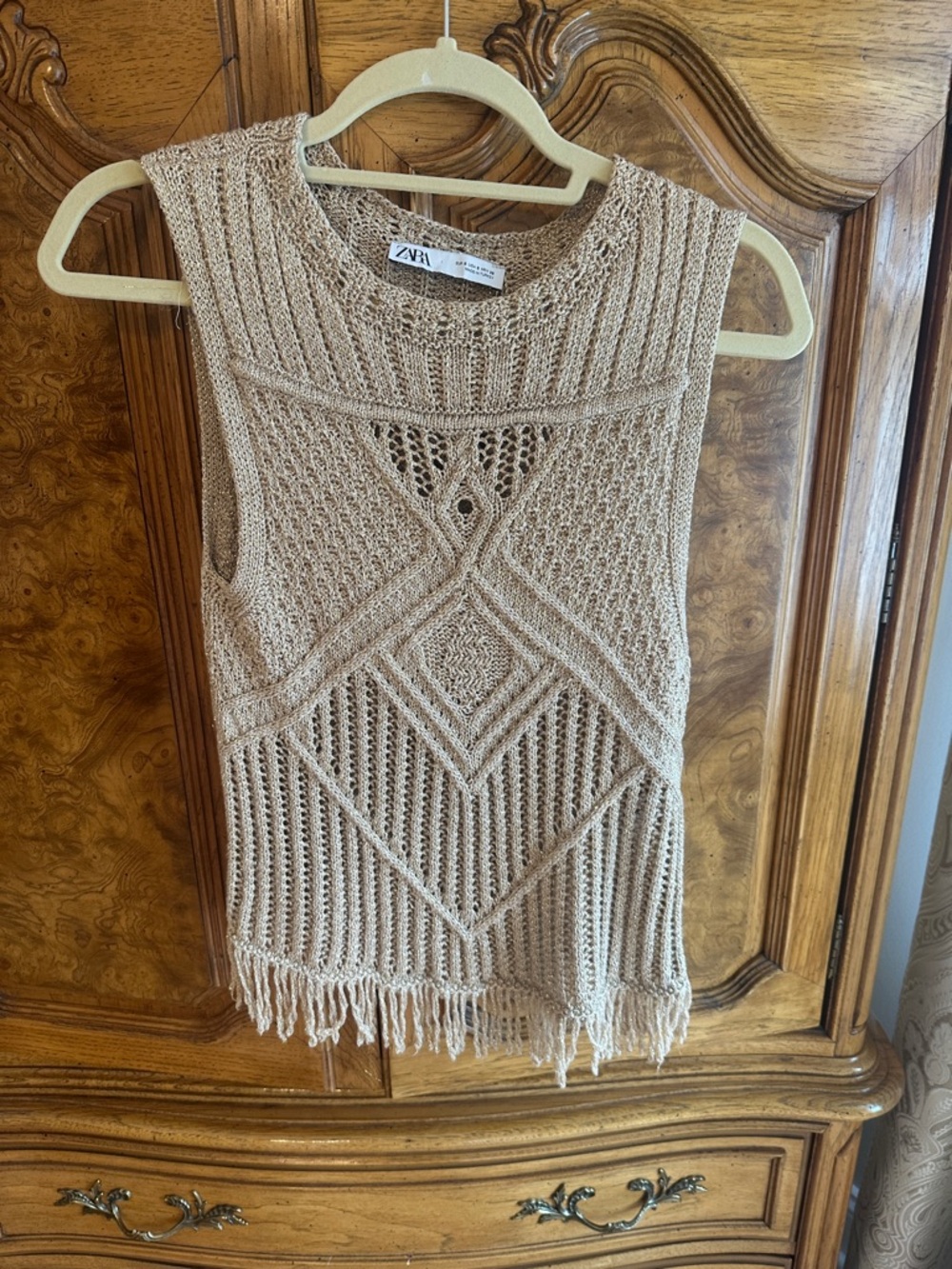 ZARA Beige Crochet Fringe Sleeveless Knit Top.